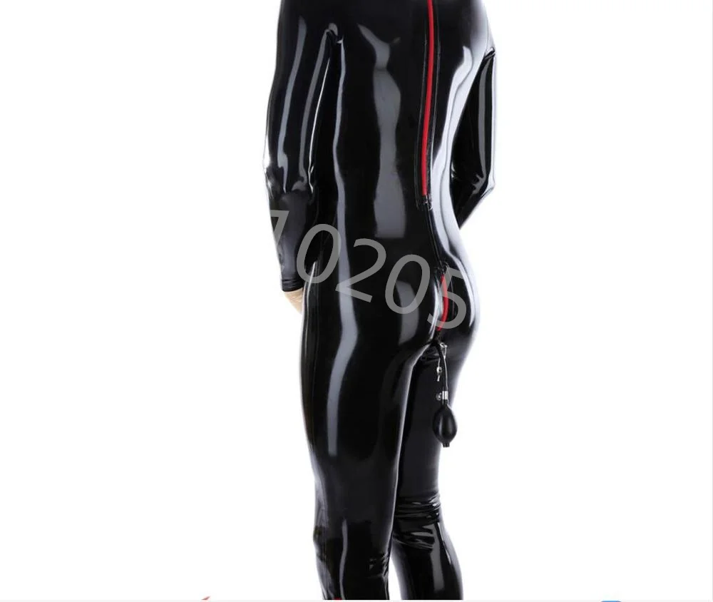 Sexy Men's Black Latex Rubber Catsuit Bodysuit Attached Zipper Breast with Lockable Crotch Zippers Inflatable Anal Plug