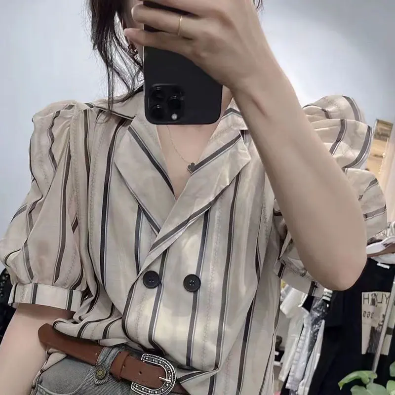 Stylish Tailored Collar Blouse 2024 Summer Korean Striped Women\'s Clothing Commute Loose Button Casual Basic Short Sleeve Shirt