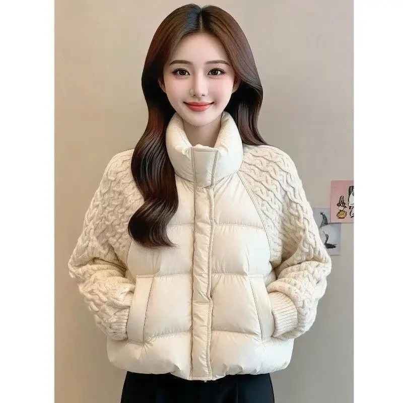 Fashion Knitted Stitching Stand-up Collar Cotton Coat 2026 New Women Autumn Winter Short Warm Loose Ladies Parkr Coat