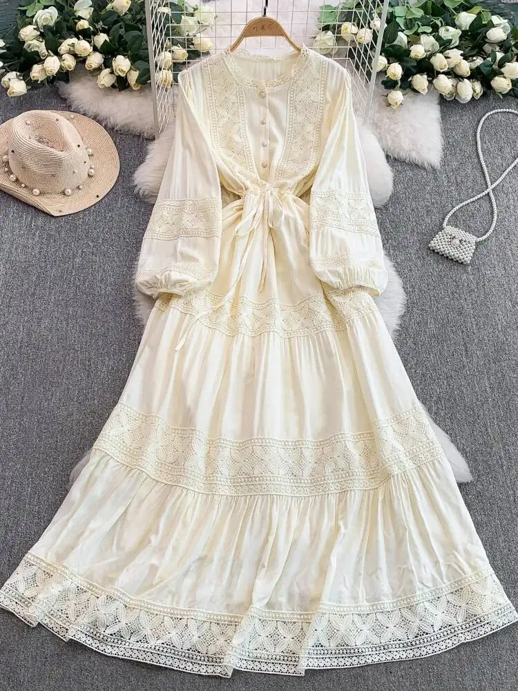 Mulheres francês rendas retalhos vestido primavera verão em torno do pescoço manga comprida vestidos vintage abotoado cordão em camadas robe
