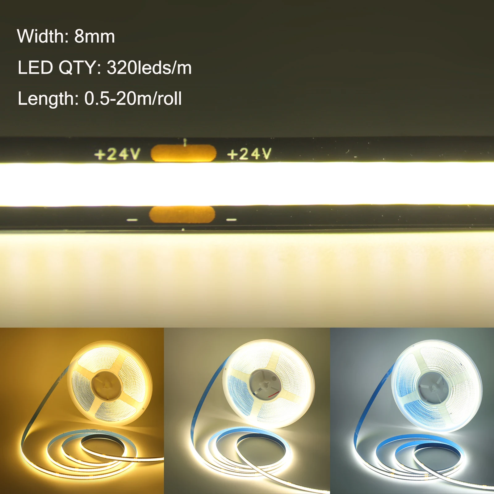 DC24V COB LED Strip Light 320LEDs/m 8mm Black PCB High Bright Flexible Tape Ribbon RA90 Warm/Natural/White Led Lights Room Decor