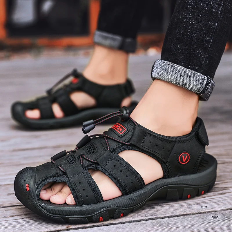 Leather Sandals for Men Summer Outdoor Beach Shoes Casual Hiking Mens Clog Sandals Platform Gladiator Man Flat Slippers 2023