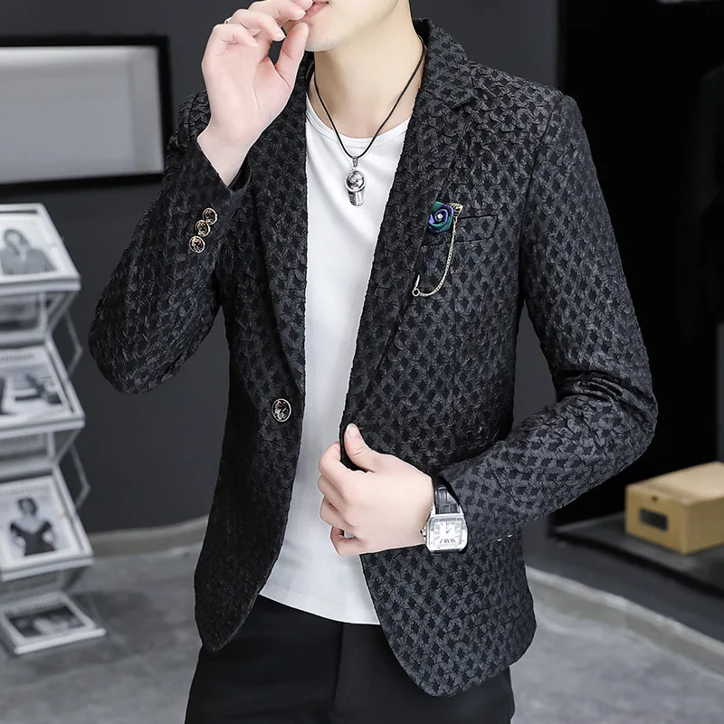 

Mens Blazer Jacket 2022 New Korean Party Dress Blazer Slim Fit Personality Black Printing Suit Jacket Fashion Brand Men Clothes