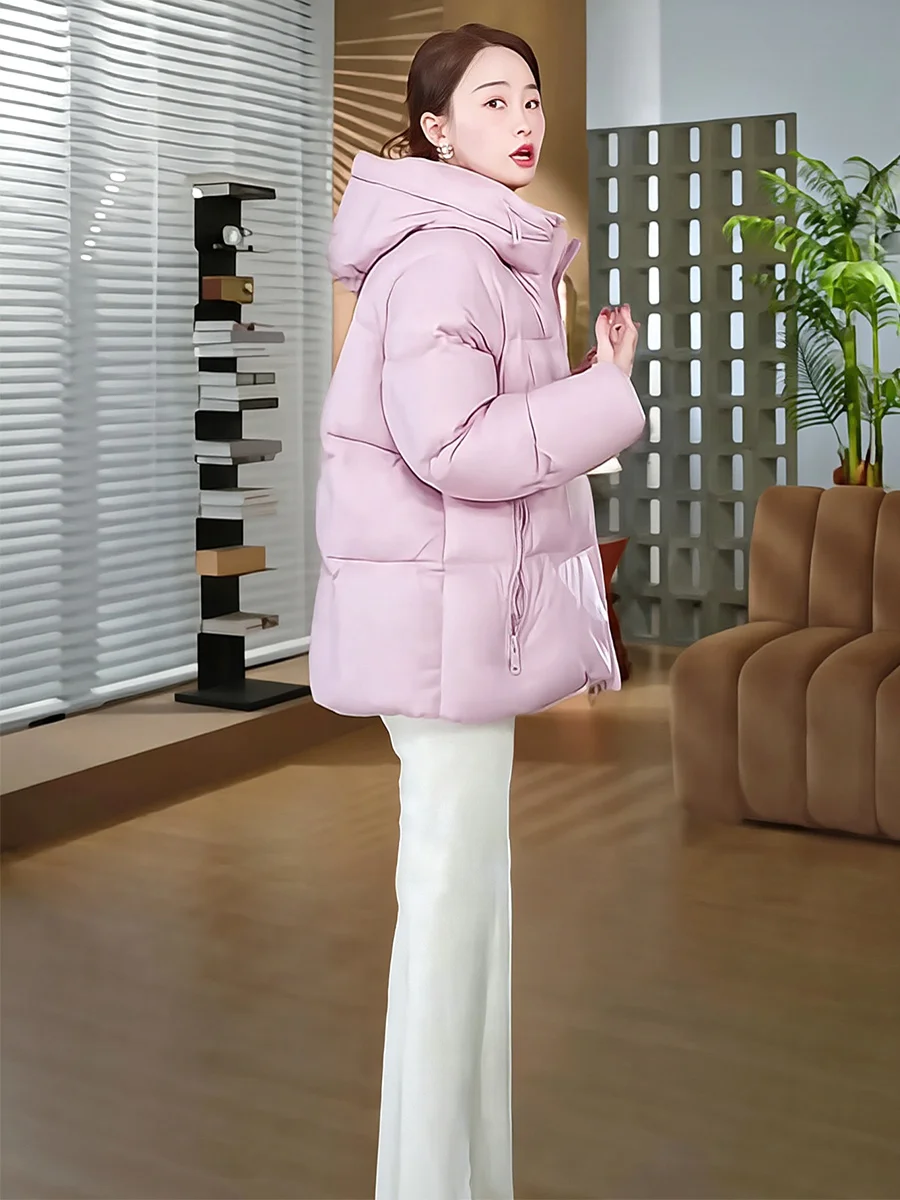 

Casual Sle Pink Hooded Mid-Length down Jaet Women's Winter 90 White Du Feather Warm Small Size Loose Thi Outerwear