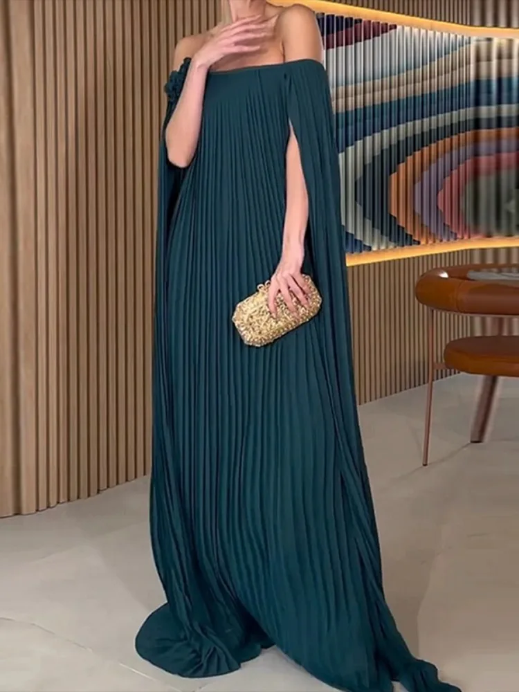 Roupas femininas moda solta gaze plissado cor sólida em camadas fora do ombro elegante vestidos de noite vestidos maxi femininos