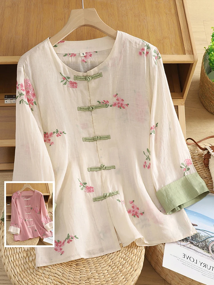 

Легкий хлопковый льняной утюг с принтом Miao в этническом стиле и круглыми пуговицами Ne ort Sve для женщин больших размеров, летняя повседневная одежда