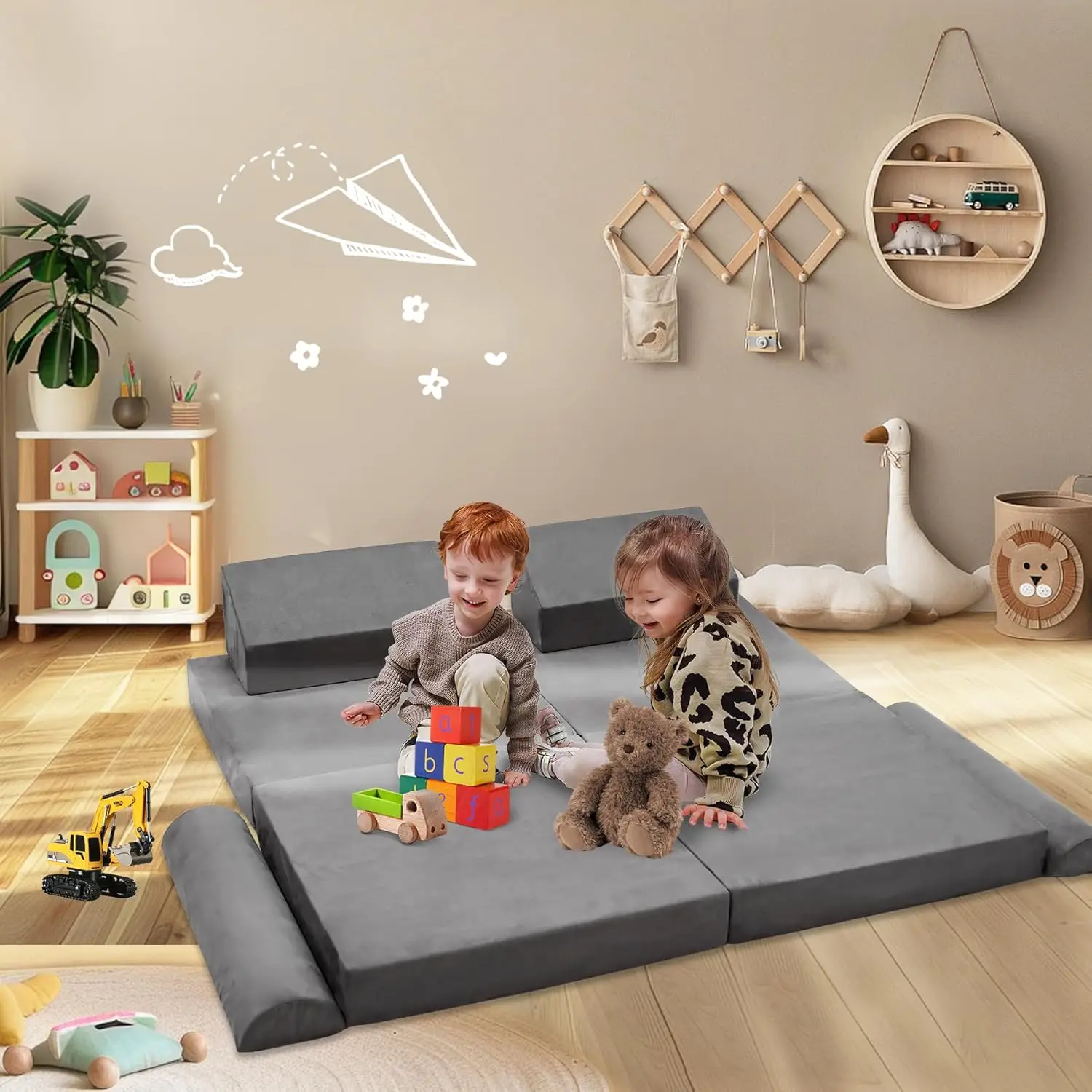 8 Stück modulare Kindercouch, Kleinkind-Spielsofa für Spielzimmer, Schlafzimmer, umwandelbarer Schaumstoff und Bodenkissen für Jungen und Mädchen, Grau