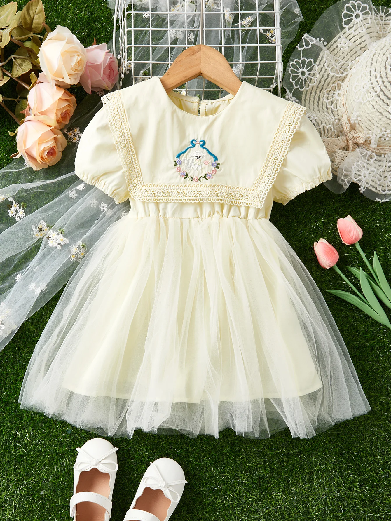 Girls Casual Cute Embroidered Cartoon Dress Summer Little Girls Mesh Princess Dress Kids Toddler Clothes