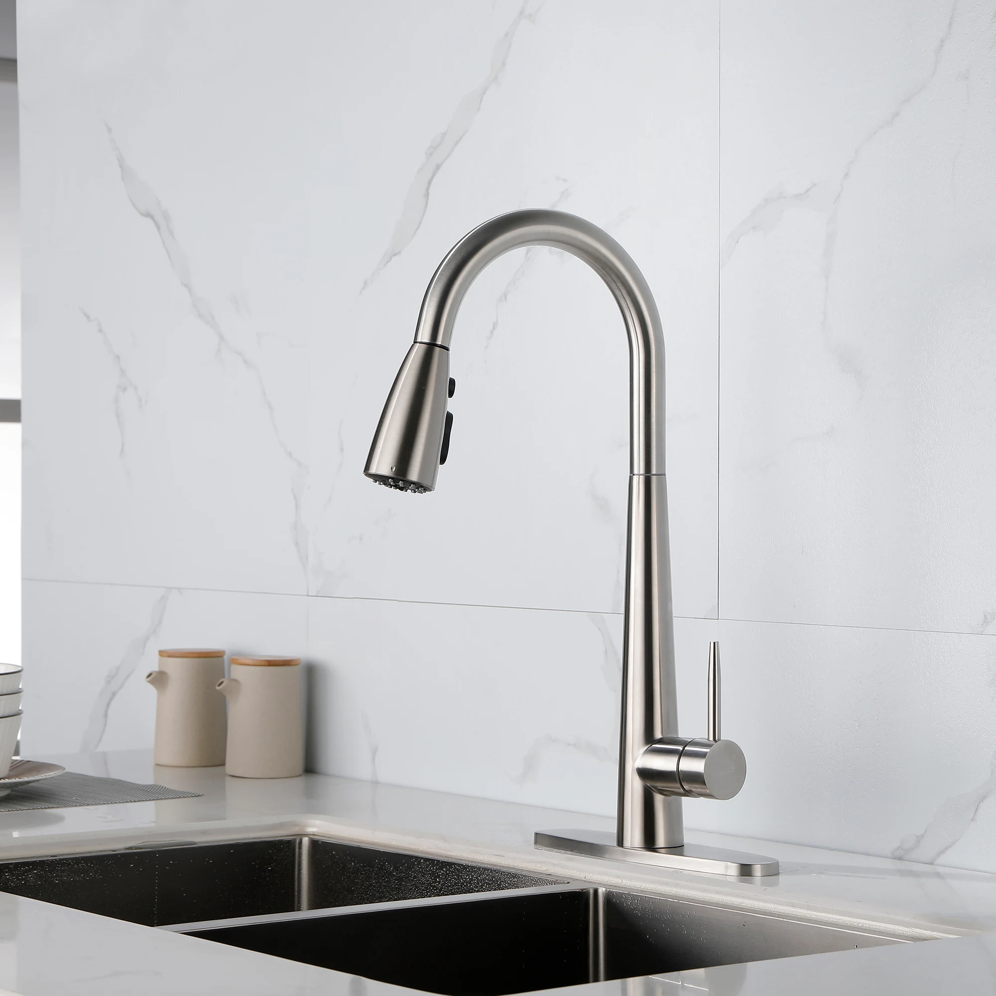 Kitchen Faucet with Pull Down Sprayer Brushed Nickel, High Arc Single Handle Kitchen Sink Faucet with Deck Plate