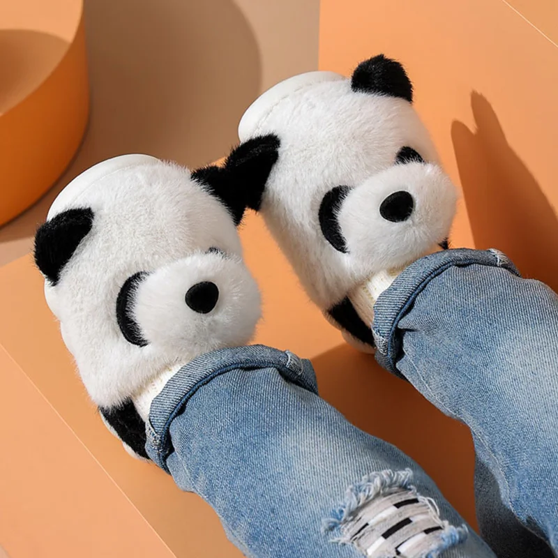 Chinelos Panda dos desenhos animados para crianças, Sapatos antiderrapantes peludos para menina e menino, Chinelos de algodão quente para bebê, Inverno