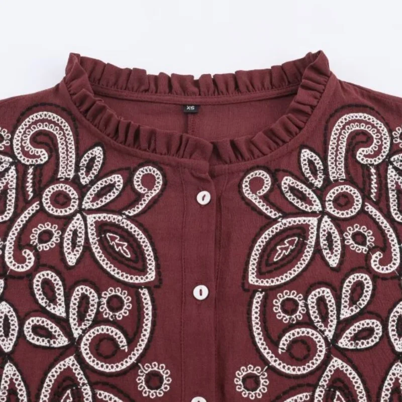 Embroidered Shirt French Fashion Autumn Spring Tops Women Loose O-neck Lady Office Shirt Streetwear Lantern Sleeve Top