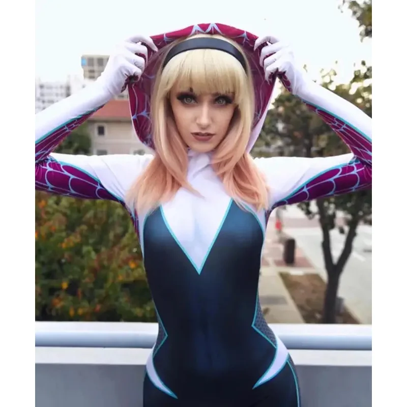 

Halloween Gwen Stacy Spiderman Bodysuit Adults Kids Female Zentai Suit Cosplay Costumes Woman Girls Party Jumpsuit
