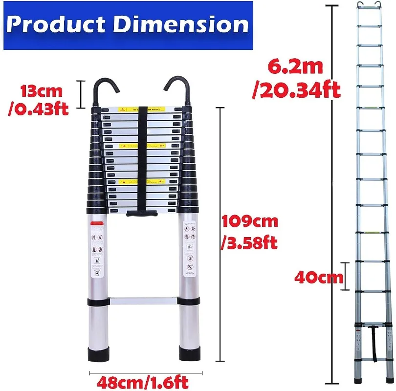 20ft 6.2M Aluminum Telescoping Ladder, w/ 2 Detachable Hooks, Anti-Slip Rubber Feet Portable Folding Ladder, 330lbs Max Capacity
