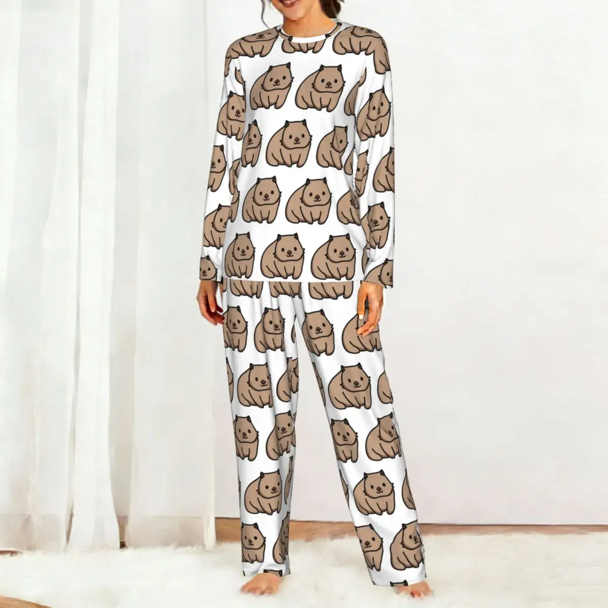 Wombat Round Neck Long Sleeves Nightdress for Sleeping Sleepshirts Women Soft Pajama Set Long Pants