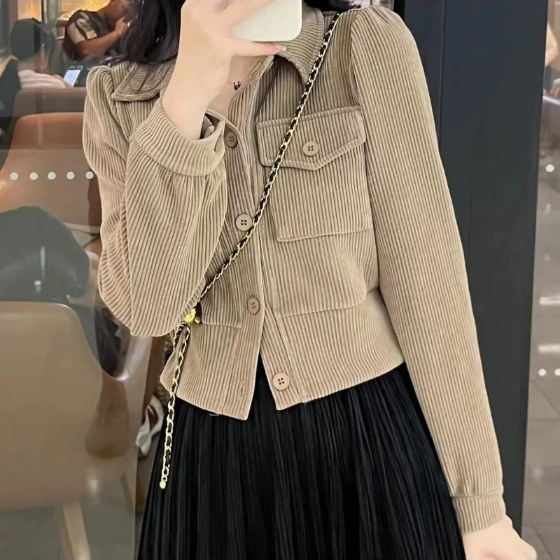 Thickened Retro Khaki Corduroy Jacket Women Autumn and Winter New Short Loose Clothes Long Sleeve Jacket Cardigan