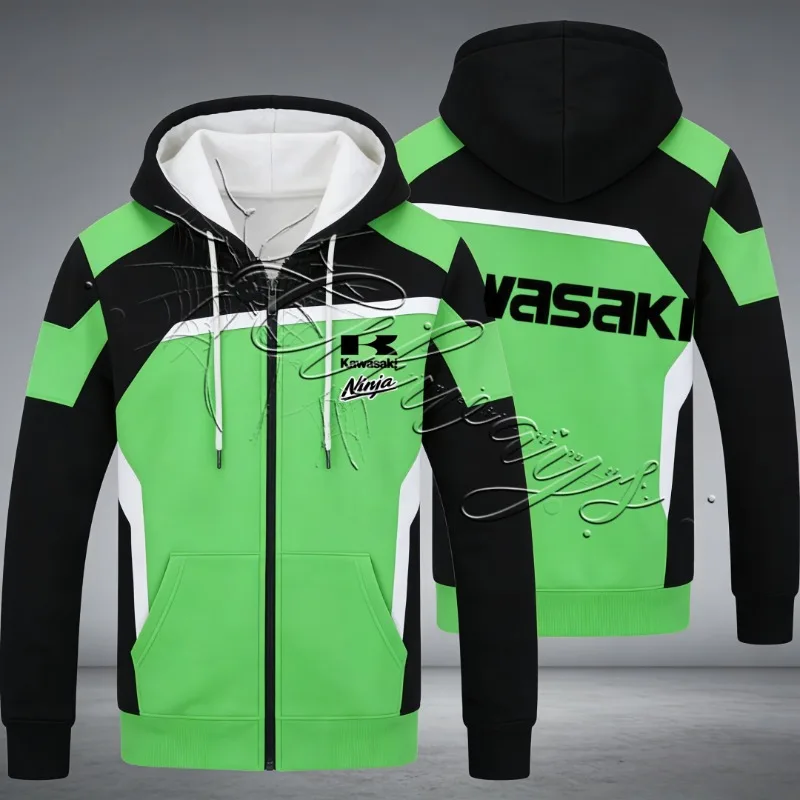 2026 خريف/شتاء جديد كاواساكي دراجة نارية الدافئة هوديي للرجال والنساء موتو قلنسوة بسحاب معطف الموضة فضفاض غير رسمي #2