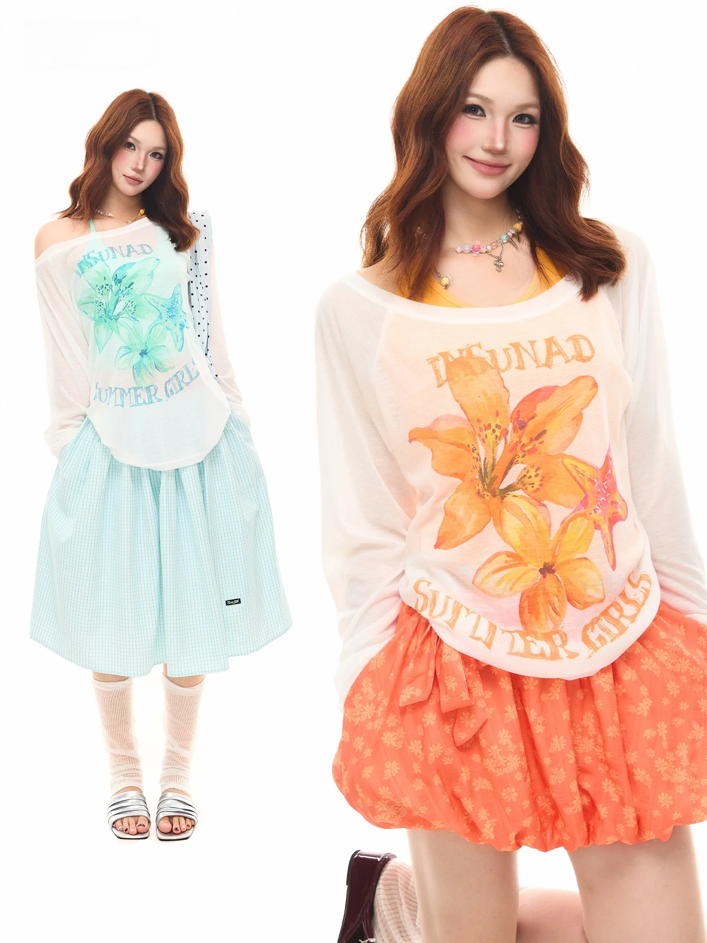 

Sanowers Summer Vacation Style Long Sleeve T-Shirt Set Women's Shoulder Bared Micro Transparent Sun Protection Cover up Top