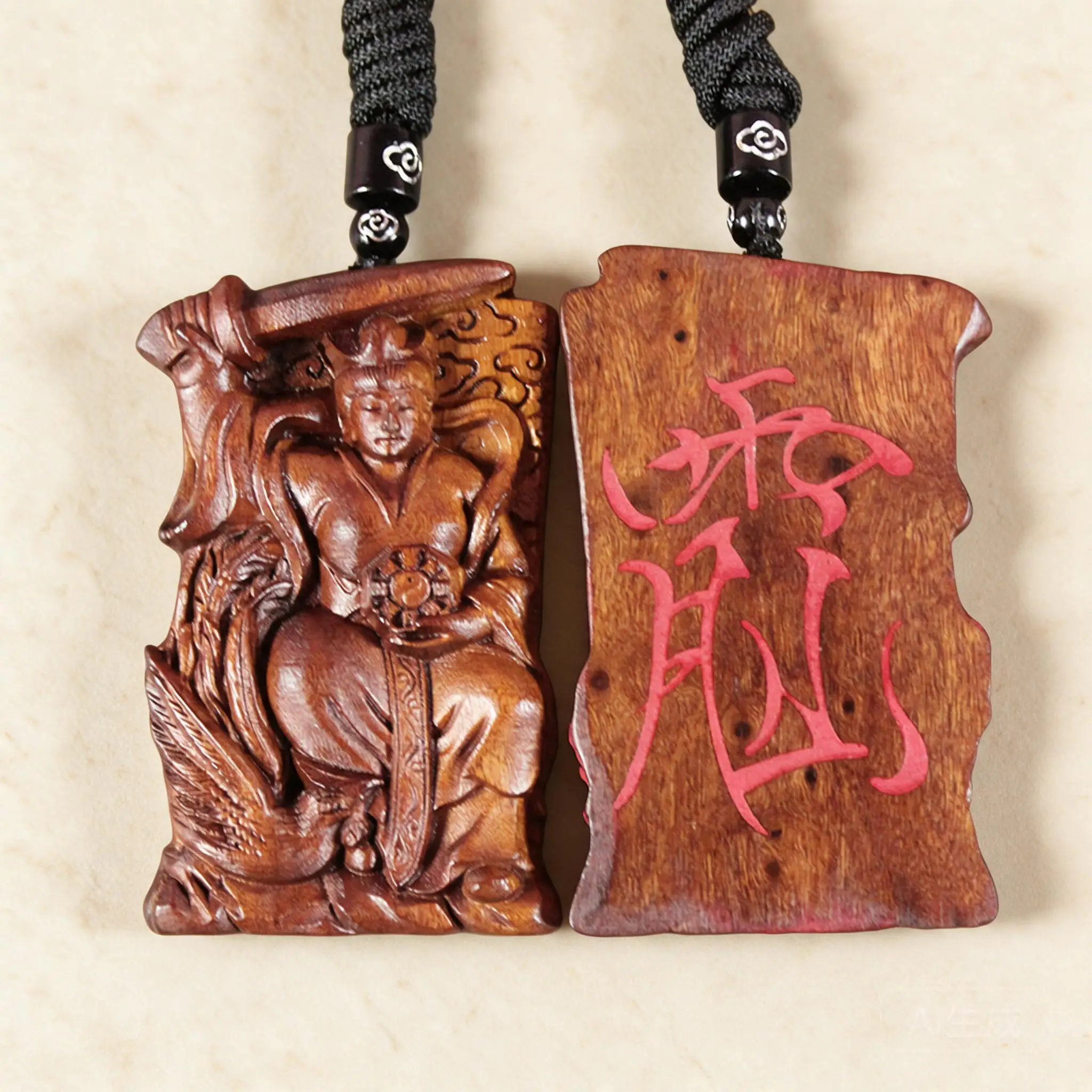 Chinese Traditional Hand Carved Thunder Struck Jujube Wood Nine Heavens Goddess Cinnabar Talisman Pendant Lucky Blessing Amulet