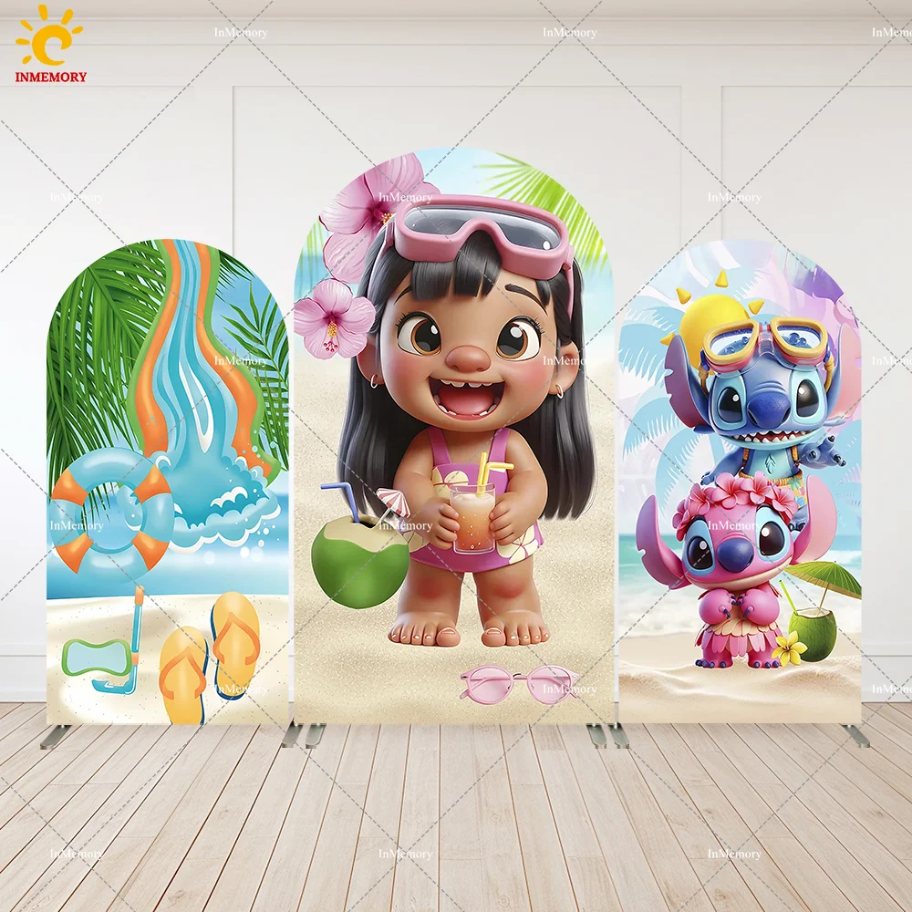 2면 디즈니 릴로 & 스티치 파티 아치 배경 벽 장식 여름 수영장 파티 베이비 샤워 아치형 커버 배경 생일 배너