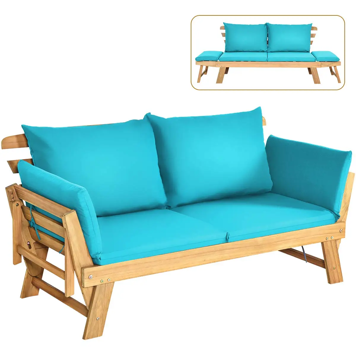 Acacia Wood Patio Sofa Bed Adjustable Armrest Outdoor Daybed Cushion Folding Futon Bench Porch Poolside Garden, Customized