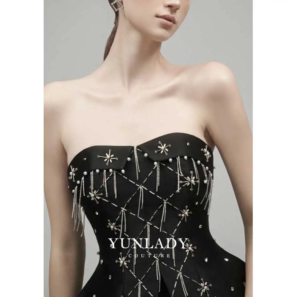 YUNLAN Luxurious Black Satin Strapless Evening Dress 2024 Dubai Wedding Guest Sleeveless Midi Skirt Home Reunion Party Dress