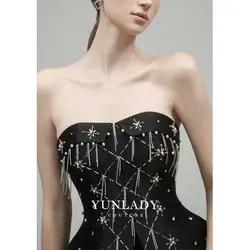 YUNLAN Luxurious Black Satin Strapless Evening Dress 2024 Dubai Wedding Guest Sleeveless Midi Skirt Home Reunion Party Dress