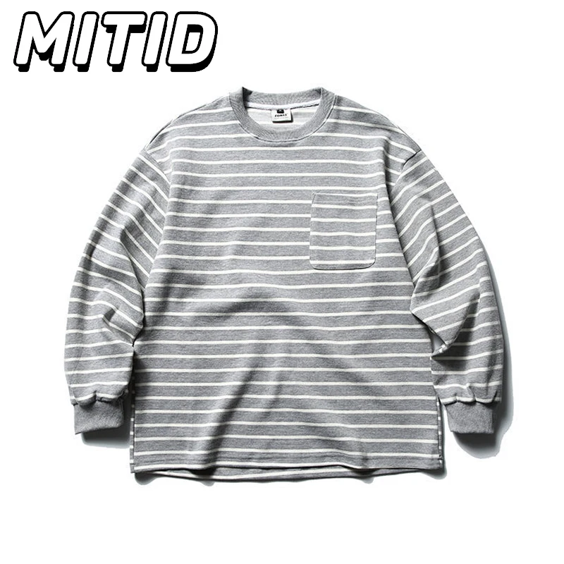 

Spring Autumn Japanese Style Sweatshirt Men Casual Loose Full Sleeve Striped Round Neck Sweatshirt Oversized Hipster Pullovers