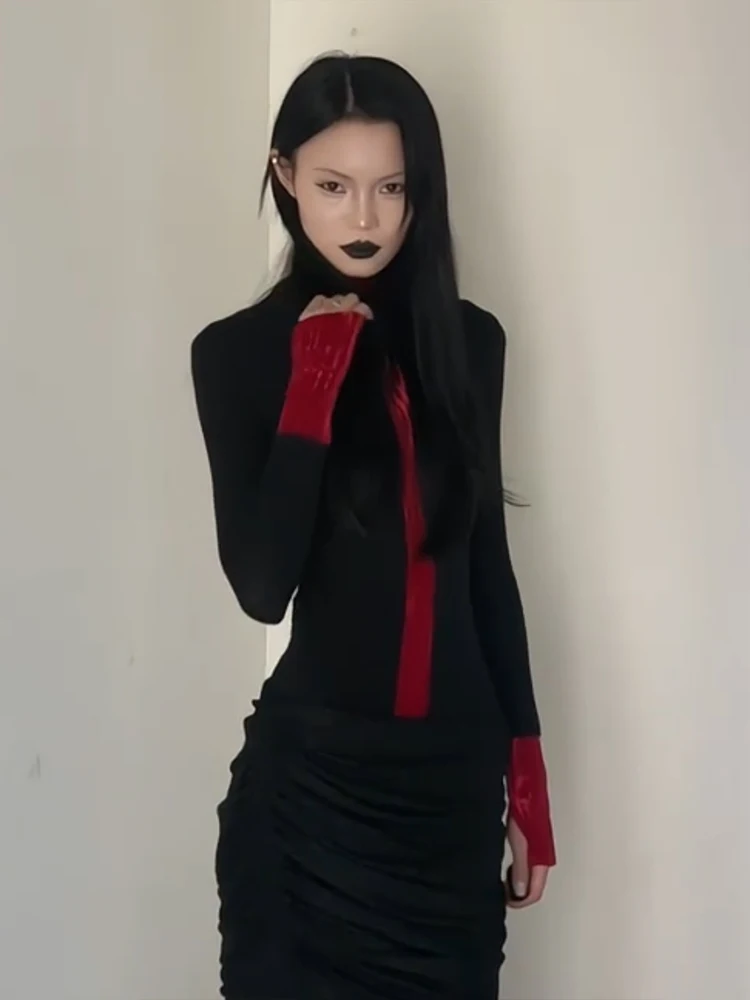 Yedinas Patchwork Turtleneck T-shirt Woman Clothes Long Sleeve Black Gothic Autumn Tops 2000s Clothes Y2k Tees Female Clothing