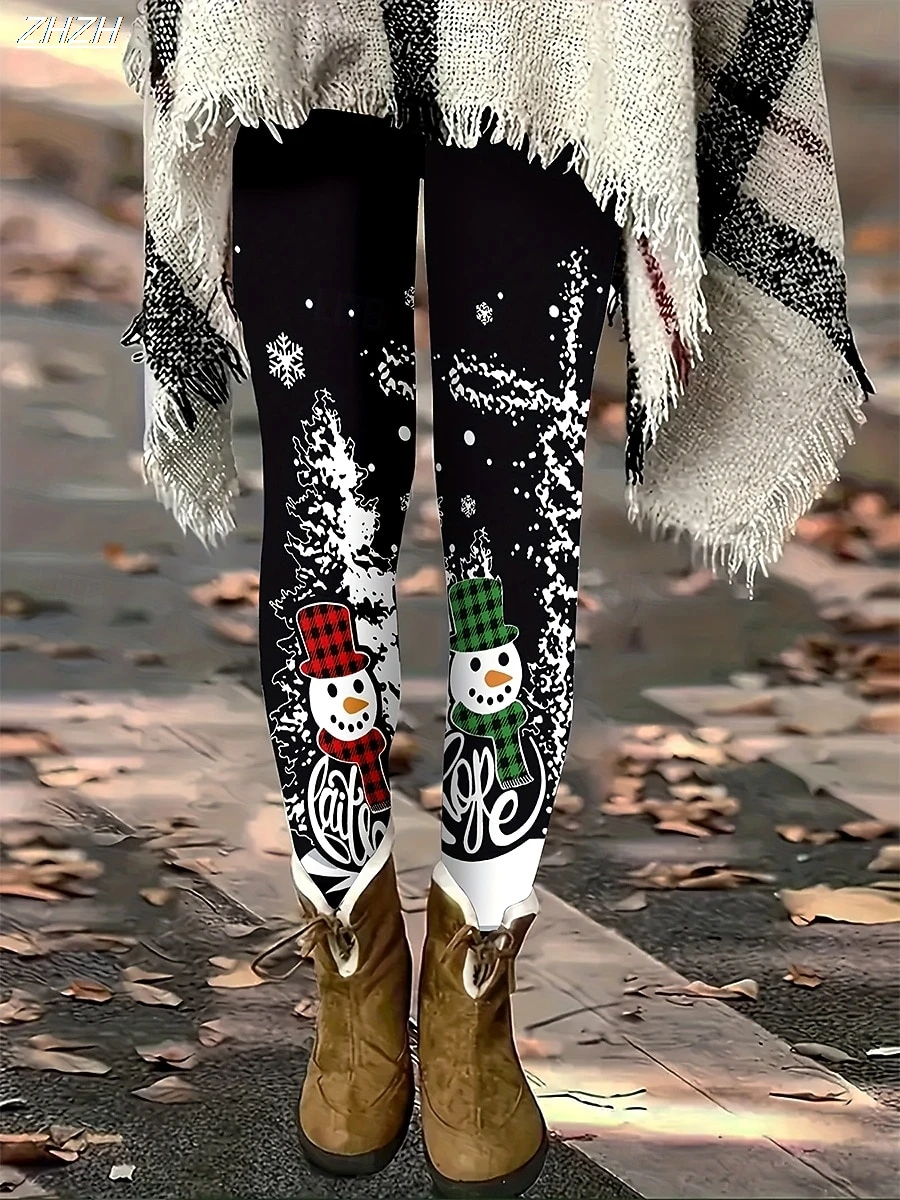 طماق المرأة طماق مريحة موضة الشارع الشهير الأساسية عالية الخصر السراويل عيد الميلاد الرسم ثلج الطباعة الصوف الحراري الدافئة #3