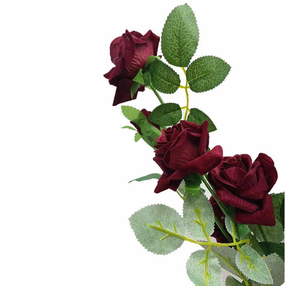 One Faux Flannel Rose Branch Wedding Floral Decoration 5 Heads/Piece Dark Red Artificial Rose Bouquet Flower