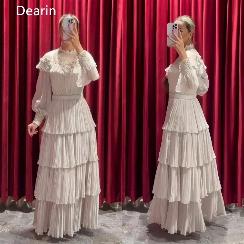 

Customized Evening Gown Prom Saudi Arabia Dearin Jewel A-line Floor Length Layered Tulle Lace Print Bespoke Occasion Dresses For