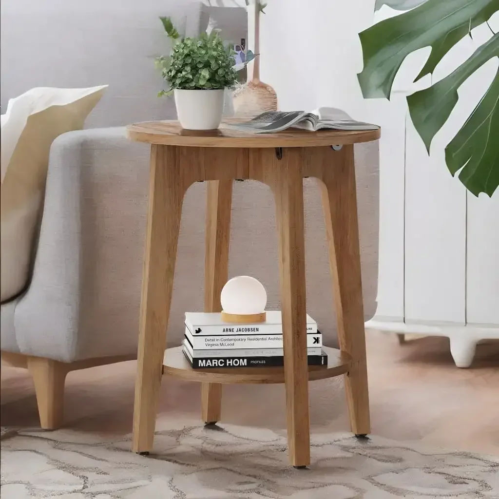 Round Side Table with Lower Shelf End Table for Small Spaces Nightstand Rustic Walnut