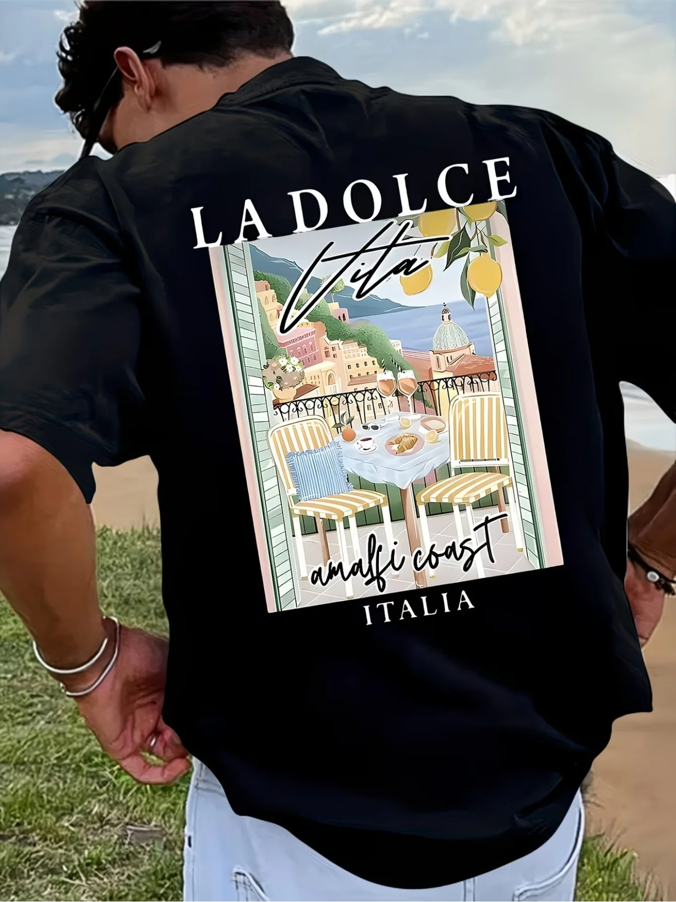 Retro La Dolce Vita City Pattern Letter Gothic T Shirt for Men Popular Women Four Seasons Streetwear Vintage Casual Clothing Top