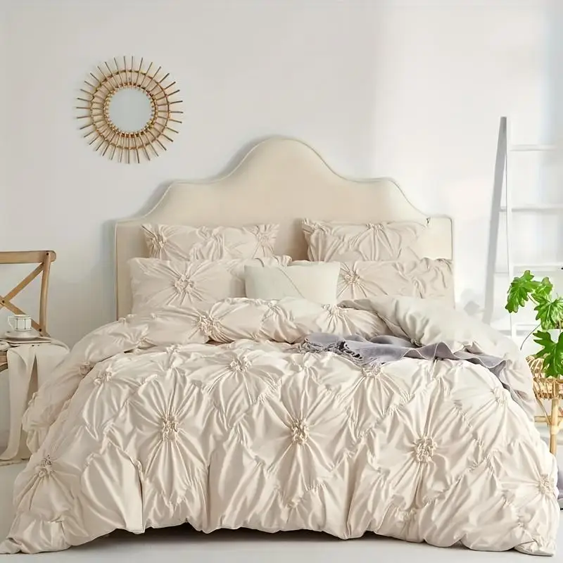 3pcs Bohemian Rhomboid Plaid Stereoscopic Flower Plain Colour Quilt Cover Set(1 Duvet Cover +2 Pillowcase Without Pillow Core)