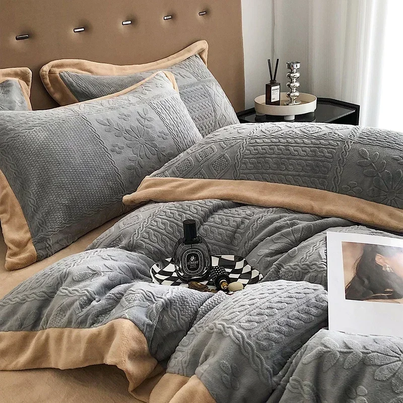 Grey Winter Soft Plush Velvet Fleece Warm Thick Bedding Set 3D Carved Duvet Cover Bed Comforter Cover Set Bed Sheet Pillowcases