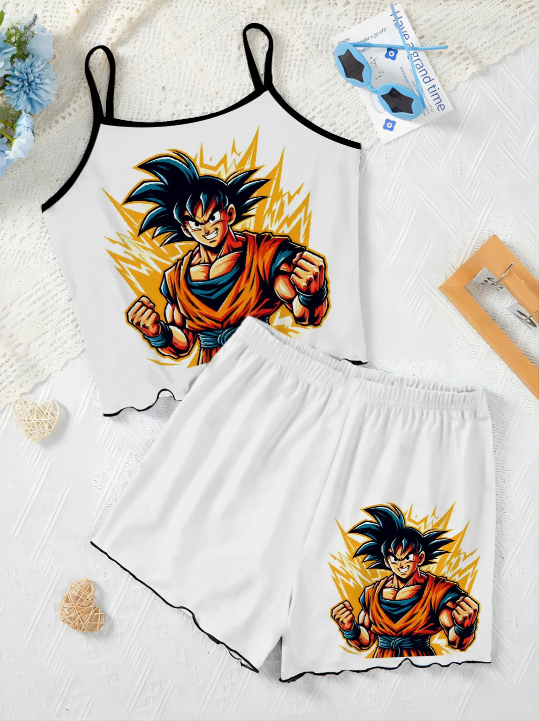 Dragon Ball Home Dress Elegant Women's Sets Vegeta Top Lettuce Trim Satin Surface Son Goku Pajama Skirt T-shirt Pieces Short Top