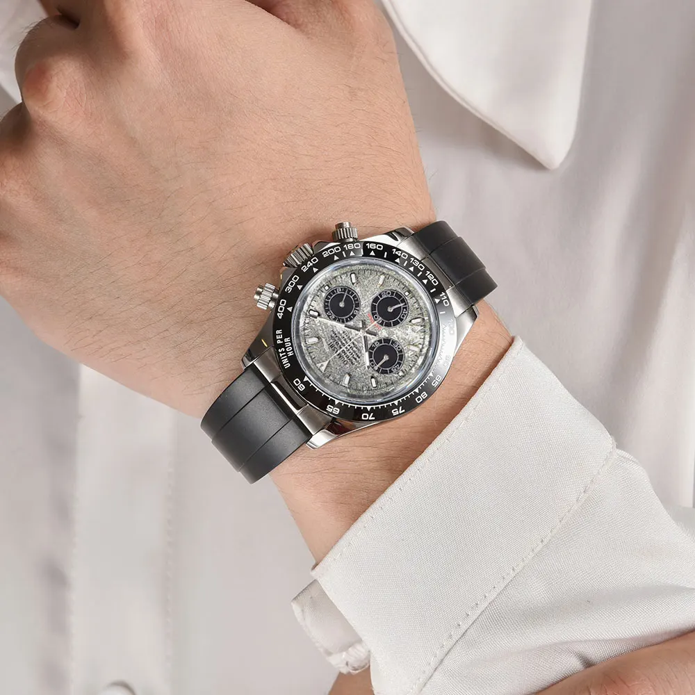 ساعة يد رجالية 39 ملم مع كرونوغراف حركة VK63 وزجاج الياقوت وحزام مطاطي وساعة مخصصة لرجال الأعمال الفاخرة
