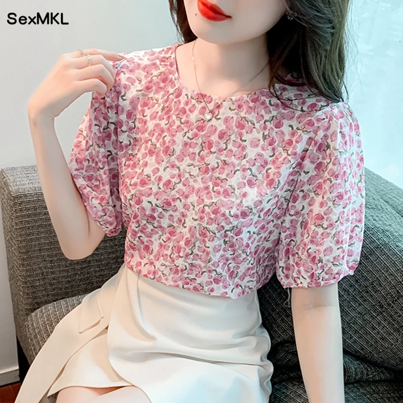 Women Casual Summer Blouses Floral Printed 2024 Fashion Loose Pink Blusa Feminina Vintage Korean Ladies Puff Sleeve Tops Mujer