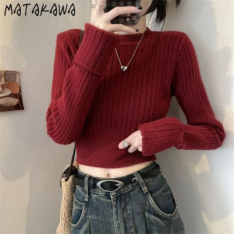

Matakawa Stripes Woman Sweaters Solid Autumn Winter Sexy Short Pullovers Korean Fashion Basics Simple Casual Sueter Mujer