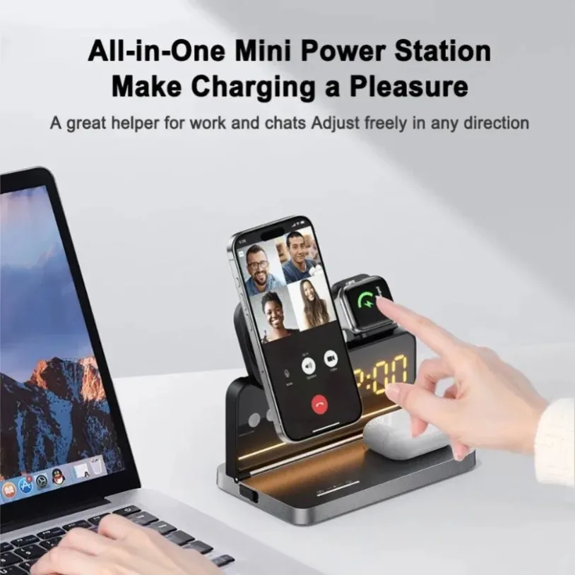 

Foldable 6 in 1 Fast Charging Magnetic Wireless Charger LED Light Alarm Clock For iPhone 17~12 Pro Max Apple Watch 9 Airpods Pro