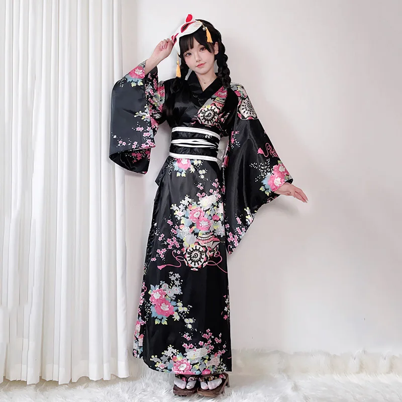 

Japanese Formal Cosplay Costume Traditional Vibrating Sleeve Cherry Blossom Kimono And Wind Printed Modified Yukata Long Set