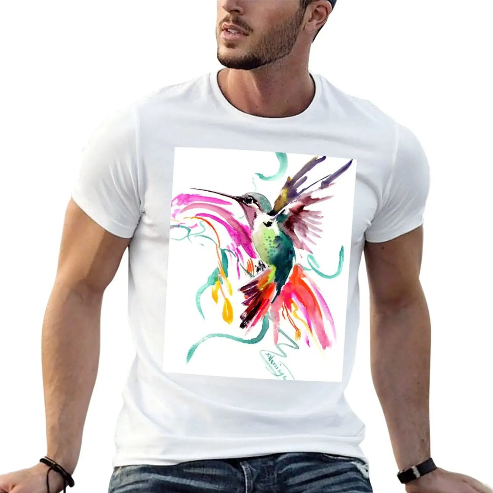Flying Hummingbird and Abstract Flowers, Turquoise, pink watercolor bird artwork T-Shirt Thanksgiving Casual Tee