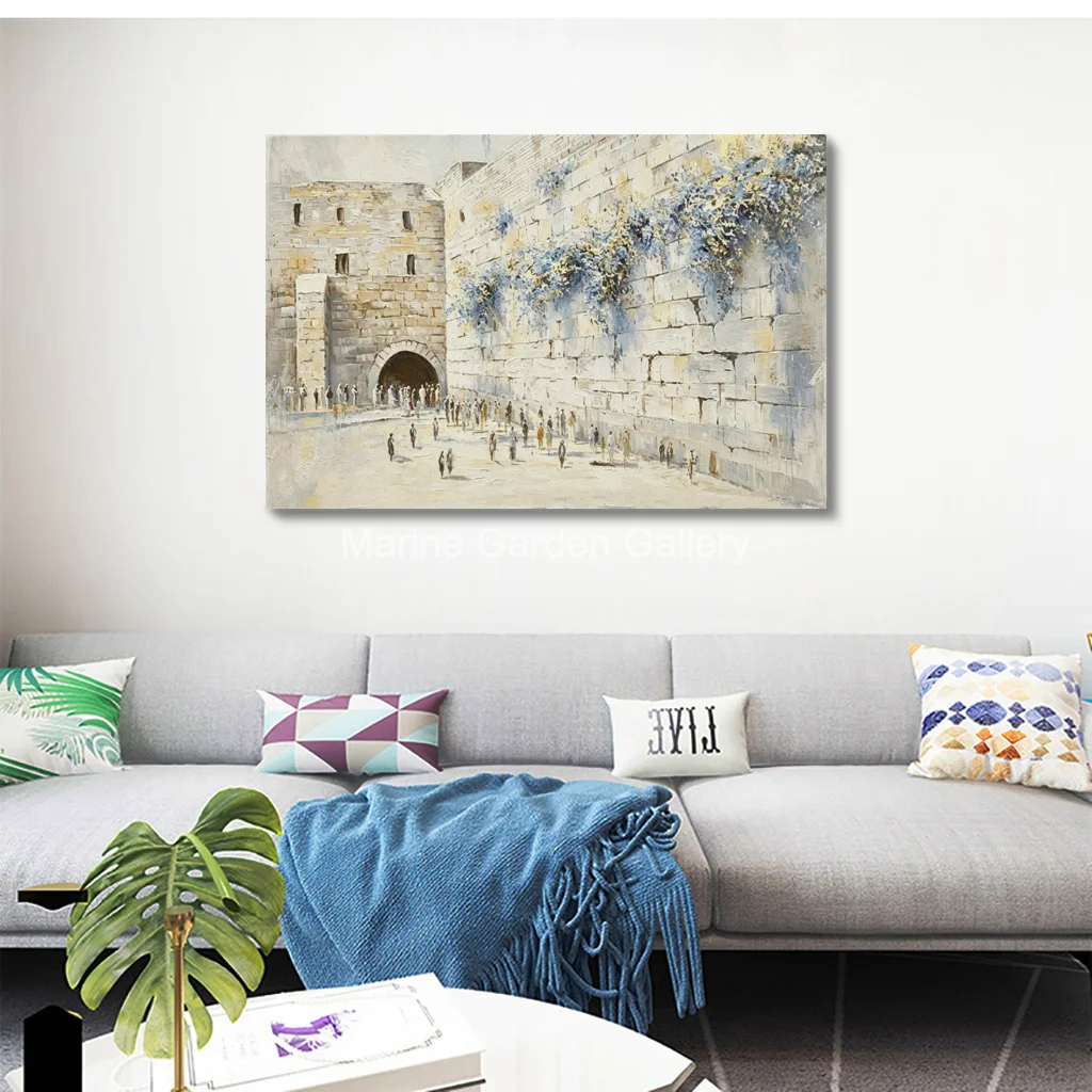Hand Painted Jerusalem Kotel Gold Oil Painting Western Wall Archway Impasto Canvas Old City Contemporapry Art for Dining Room