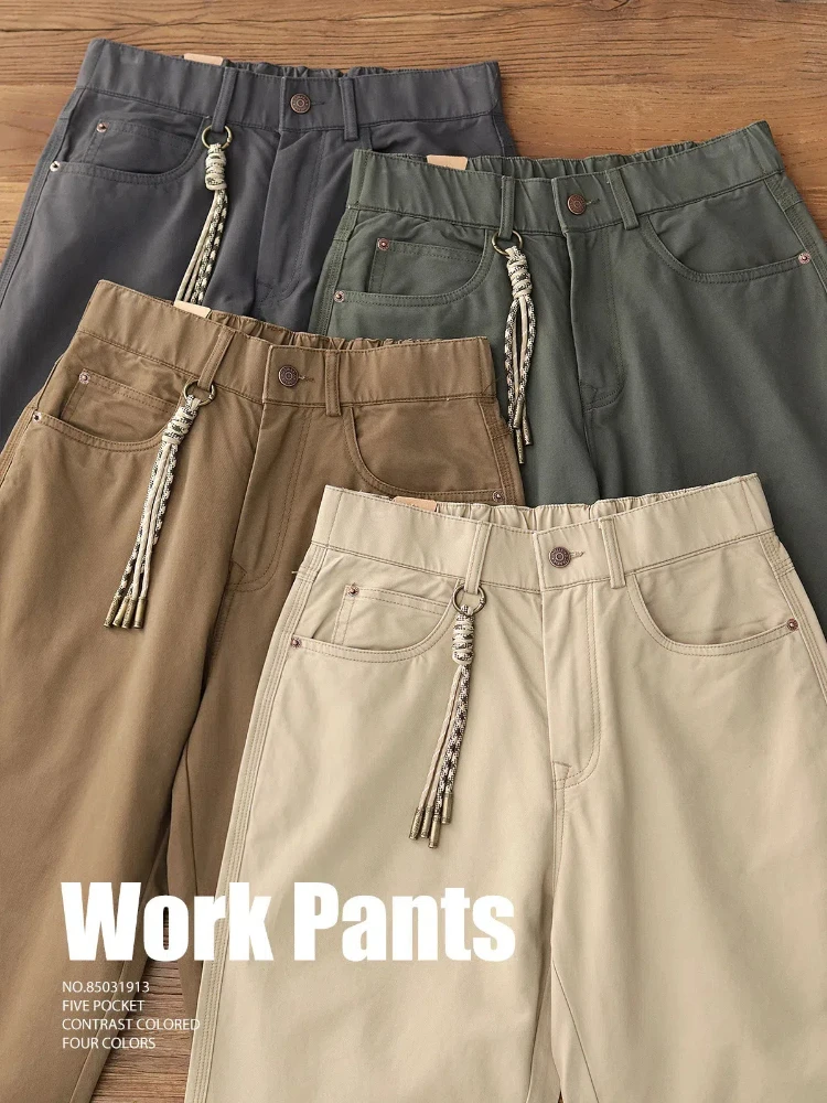 2024 Spring and Autumn New American Retro Heavyweight Woven Cargo Pants Men's Simple 100% Cotton Washed Casual Straight Trousers