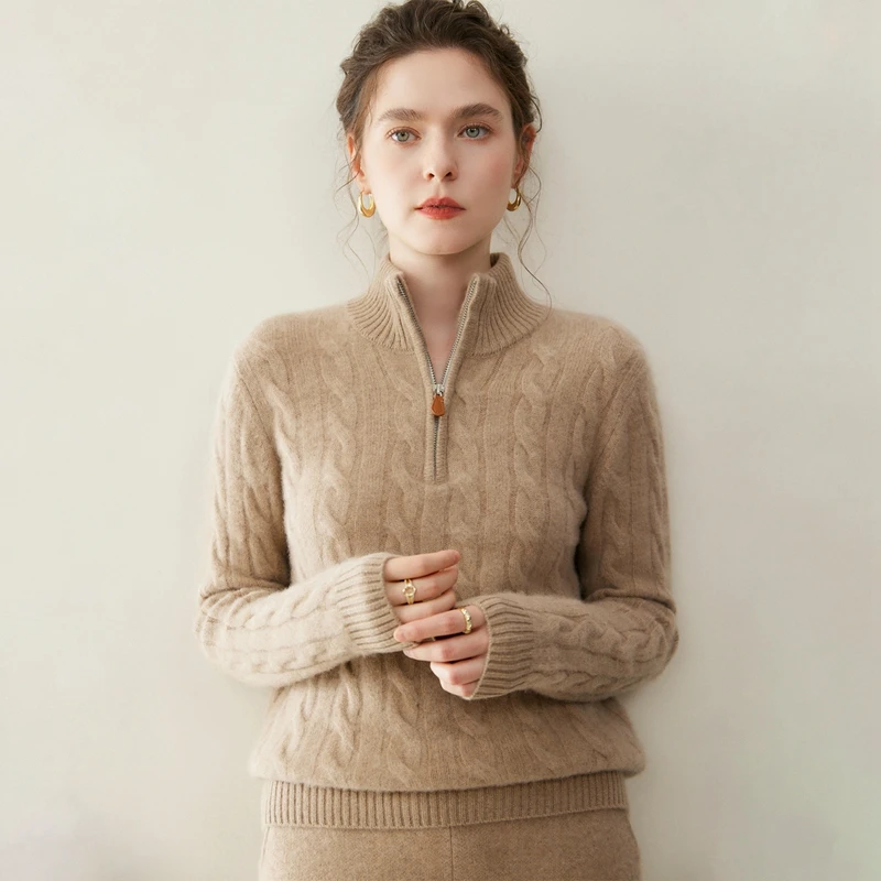 Women 100% Cashmere Sweater Autumn Winter Mock neck Pullover Half Zipper Cable Knitting Casual Luxury Cashmere Knitwear Tops