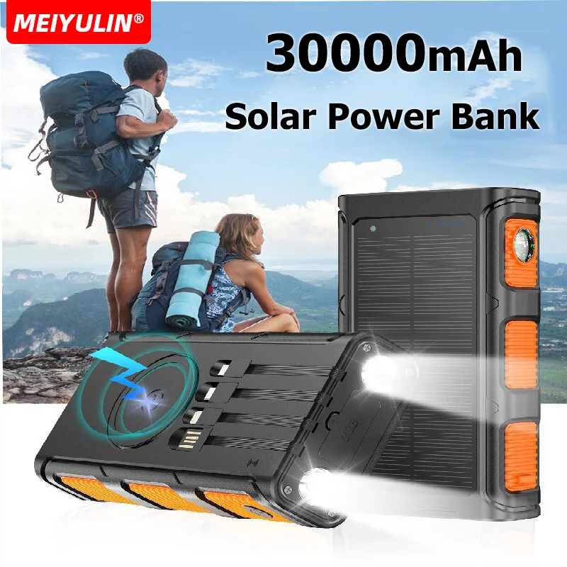 30000mAh Solar Power Bank Fast Charging Wireless Charger With Cable Large Capacity External Battery For iPhone Samsung Xiaomi