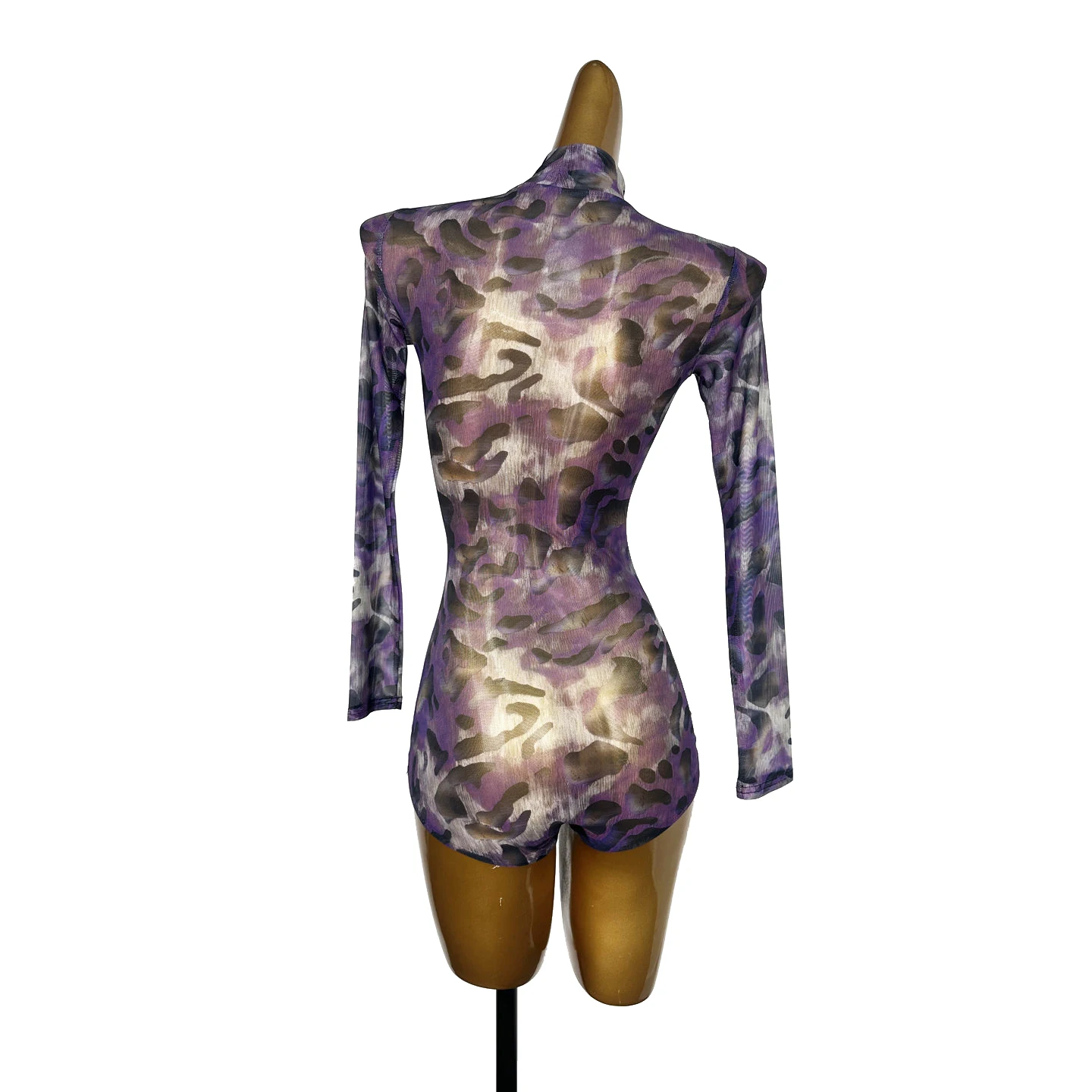 2025 nuevo mono de leopardo púrpura de manga larga Chacha Rumba Tango ropa de práctica latina para mujeres adultos Tops de baile latino XH3848