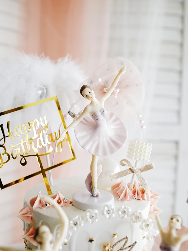 Ballerina Girl Cake Decoration Pink White Hairball Balloon Cake Toppers Wedding Birthday Party Decor Kids favor Baking