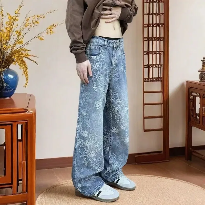 Light Blue High Street Full Print Jacquard Jeans Pants Men's Autumn Design Straight Scimitar Cargo Pants Men Baggy Jeans