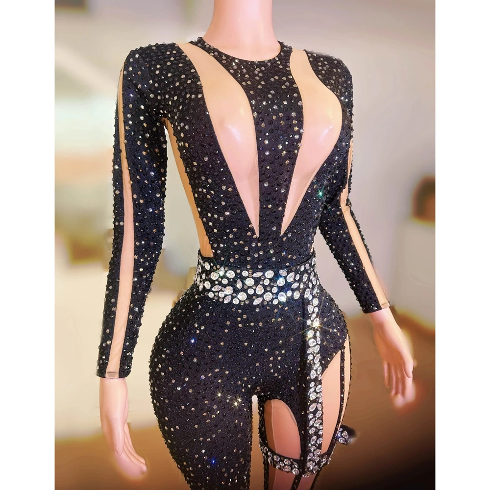 Customized Rhinestones Jumpsuit for Women Sexy Birthday Celebrate Event Photo Shoot Wear Singer Dancer Performance Costume